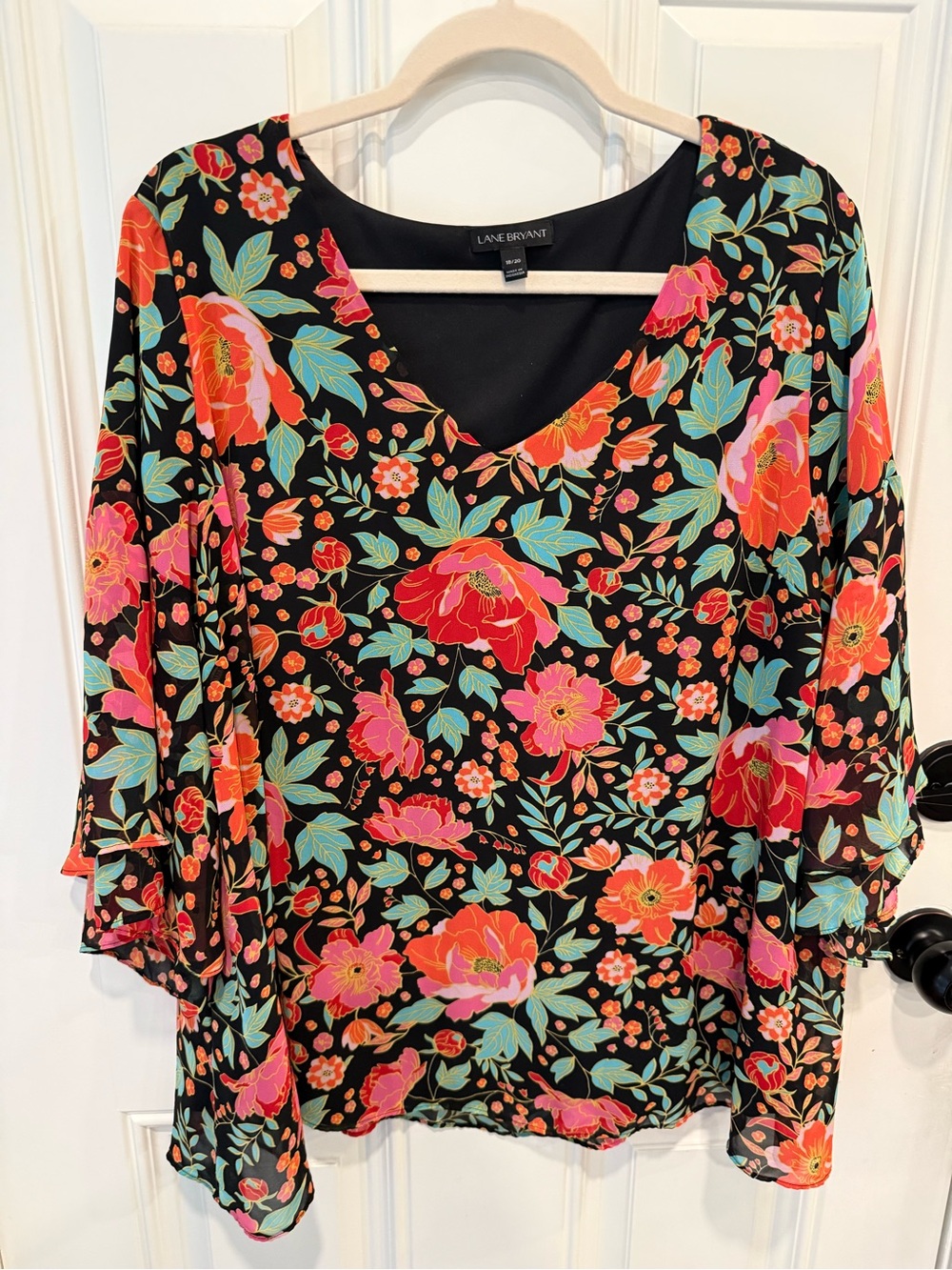 Lane Bryant Black Floral V-Neck Blouse - Pink, Coral & Aqua Floral Print